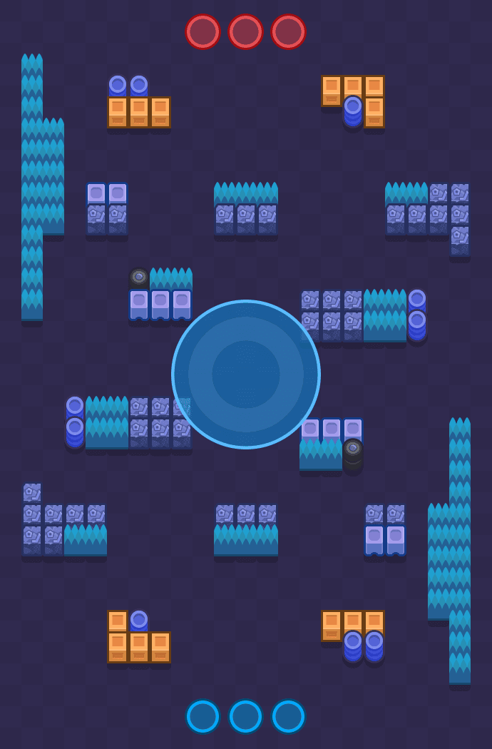 Vista dall'alto della mappa Campo aperto nella modalità DOMINIO di Brawl Stars