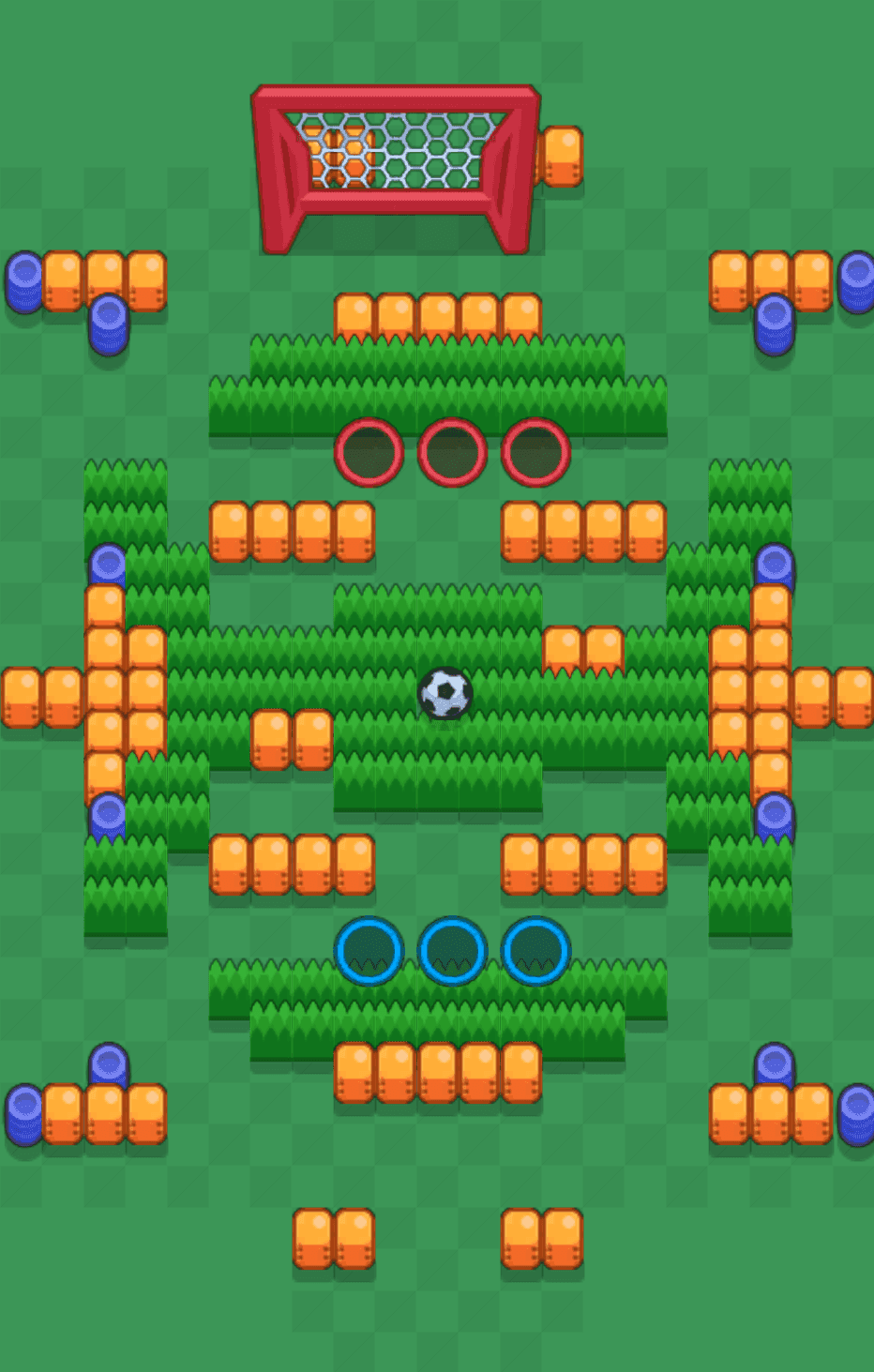 Draufsicht der Karte Gewiefte Wiesen im Modus BRAWLBALL von Brawl Stars