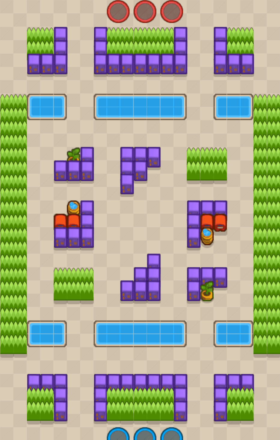 Draufsicht der Karte Goldarm-Schlucht im Modus KNOCKOUT von Brawl Stars