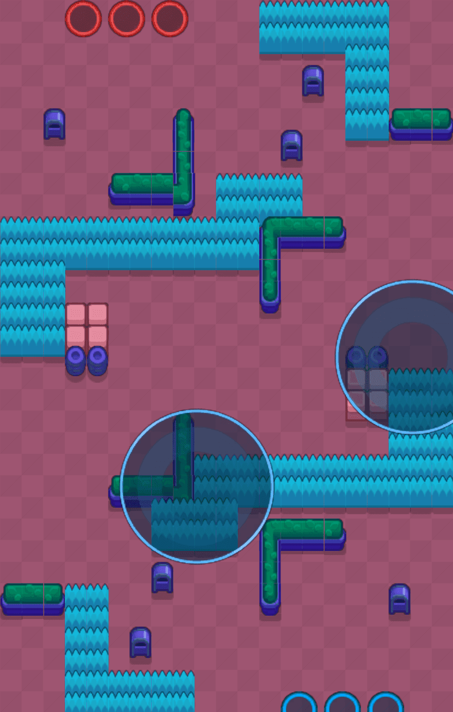 Draufsicht der Karte Vorsichtiges Vorgehen im Modus HOTZONE von Brawl Stars